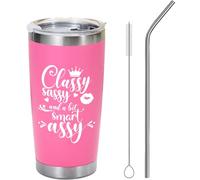 Xildew Classy Sassy and a Bit Smart Assy Cute Birthday Christmas Gift Idea for Woman Friend Coworker Boss Lady Wife Girlfriend Graduation Present Stainless Steel Tumbler 20 oz Pink