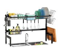 XILIDIA Over The Sink Dish Drying Rack,Expandable 2-Tier Stainless Steel Over The Sink Dish Rack with Utensil Holder Dish Drainers for Kitchen Counter (Black)