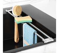 XILIMEN Dish Cloth Holder for Kitchen Sink, Adjustable Over-The-Sink Dish Rag Rack, Metal Kitchen Racks Sink Brush Holder, Drying Rack for Dishcloths, Sponges, Brushes, and Bottles (Sliver)