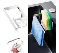 XILIMEN Kitchen Sink Caddy Tidy, Metal Sponge Holder for Kitchen Sink, 2 In 1 Dish Sponge and Dishcloth Holder with Adhesive, Kitchen Sink Organiser for Sponges, Gloves and Dish Cloth, Silver
