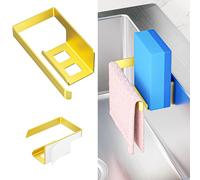 XILIMEN Kitchen Sink Caddy Tidy, Metal Sponge Holder for Kitchen Sink, 2 In 1 Dish Sponge and Dishcloth Holder with Adhesive, Kitchen Sink Organiser for Sponges, Gloves and Dish Cloth, Gold