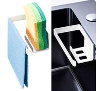 XILIMEN Kitchen Sink Caddy Tidy, Metal Sponge Holder for Kitchen Sink, 2 In 1 Dish Sponge and Dishcloth Holder with Adhesive, Kitchen Sink Organiser for Sponges, Gloves and Dish Cloth, White