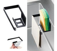 XILIMEN Kitchen Sink Caddy Tidy, Metal Sponge Holder for Kitchen Sink, 2 In 1 Dish Sponge and Dishcloth Holder with Adhesive, Kitchen Sink Organiser for Sponges, Gloves and Dish Cloth, Black