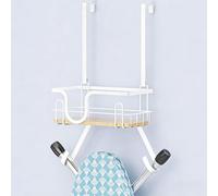 XILIMEN Wall Mount/Over The Door Ironing Board Hanger with Large Storage Basket & Removable Hooks, Iron and Ironing Board Holder Storage for Laundry Room (White)