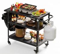 Xilingol Outdoor Grill Cart Pizza Oven Stand, BBQ Prep Table with Wheels & Seasoning Tray, Black Kitchen Tabletop Griddle Cooking Island & Station for Bar, Patio, Camping, Outside, Home