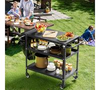 Xilingol Outdoor Grill Cart Pizza Oven Stand, BBQ Prep Table with Wheels & Seasoning Tray, Black Kitchen Tabletop Griddle Cooking Island & Station for Bar, Patio, Camping, Outside, Home