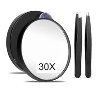 xiluuyou 30X Magnifying Mirror with Suction Cups and 2 Tweezers, 3.4 inch Compact Travel Mirror, Perfect for Eyebrow Plucking and Daily Skincare, Black