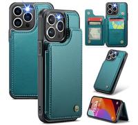 XIMAND for iPhone 16 Pro Max Wallet Case with RFID Blocking and 5 Credit Card Holder, Premium Durable Slim Leather Magnetic Clasp Kickstand Heavy Duty Shockproof Protective Cover.- Green