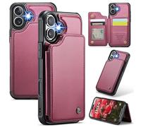 XIMAND for iPhone 16 Wallet Case with RFID Blocking and 4 Credit Card Holder, Premium Durable Slim Leather Magnetic Clasp Kickstand Heavy Duty Shockproof Protective Cover.- Wine