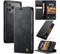 XIMAND for iPhone 17 Pro Max Wallet Case, 2 Credit Card Slot and Cash Slot Magnetic Closure Slim Premium Luxurious Retro PU Leather Kickstand Protective Cover - Black