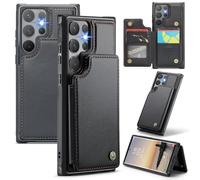 XIMAND for Samsung Galaxy S24 Ultra Wallet Case with RFID Blocking and 5 Credit Card Holder, Premium Durable Slim Leather Magnetic Clasp Kickstand Heavy Duty Shockproof Protective Cover.- Black