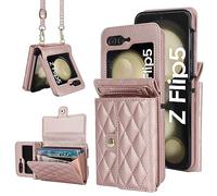 XIMAND for Samsung Galaxy Z Flip 5 Accordion Crossbody Wallet Case, 4 Card Slots, RFID Blocking, and Adjustable Strap - Stylish and Versatile Accessory for Woman (Rose Gold)