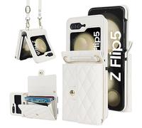 XIMAND for Samsung Galaxy Z Flip 5 Accordion Crossbody Wallet Case, 4 Card Slots, RFID Blocking, and Adjustable Strap - Stylish and Versatile Accessory for the Women (White)