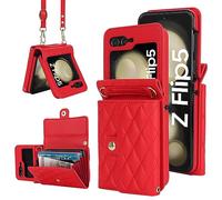XIMAND for Samsung Galaxy Z Flip 5 Accordion Crossbody Wallet Case, 4 Card Slots, RFID Blocking, and Adjustable Strap - Stylish and Versatile Accessory for Woman (Red)