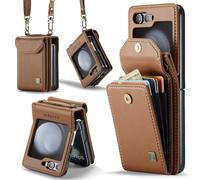 XIMAND for Samsung Galaxy Z Flip 5 Accordion Crossbody Wallet Case, RFID Blocking Card Holder Slots Retro PU Leather Strap Wristlet with Magnetic Closure .Brown
