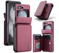 XIMAND for Samsung Galaxy Z Flip 5 Wallet Case with RFID Blocking and 4 Credit Card Holder, Premium Durable Leather Magnetic Clasp Kickstand Heavy Duty Shockproof Protective Cover.- Wine