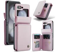 XIMAND for Samsung Galaxy Z Flip 6 Wallet Case with RFID Blocking and 4 Credit Card Holder, Premium Durable Leather Magnetic Clasp Kickstand Heavy Duty Shockproof Protective Cover.- Pink