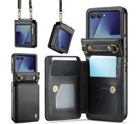 XIMAND for Samsung Galaxy Z Flip 7 Wallet Case with RFID Blocking and 4 Credit Card Holder, Premium Durable Leather Magnetic Clasp Kickstand Heavy Duty Shockproof Protective Cover.- Black