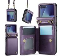 XIMAND for Samsung Galaxy Z Flip 7 Wallet Case with RFID Blocking and 4 Credit Card Holder, Premium Durable Leather Magnetic Clasp Kickstand Heavy Duty Shockproof Protective Cover.- Purple