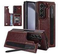 XIMAND for Samsung Galaxy Z Fold 5 Wallet Case with Credit Card Holder and S-Pen Holder,Fold Premium Leather Magnetic Clasp Kickstand Heavy Duty Protective Cover.(Brown)