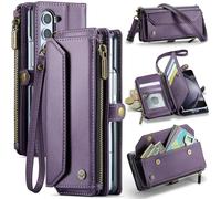 XIMAND for Samsung Galaxy Z Fold 6 Wallet Case with 6 Card Slots RFID Blocking Magnetic Closure Zipper Cash Bills Pocket, Premium PU Leather with Crossbody Wristlet Strap and S pen Holder - Purple