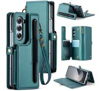 XIMAND for Samsung Galaxy Z Fold 6 Wallet Case with 7 Credit Card Slots and S-Pen Slot,RFID Blocking,Classic Leather Magnetic Clasp Kickstand Cover.Green