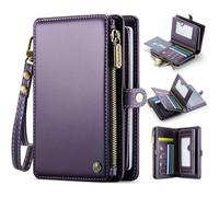 XIMAND Passport Holder Wallet Bag with 11 Card Slots and Passport Solt Cash Solt Photo Solt Zipper Pocket, RFID Blocking Wristlet Strap For Travel.Purple