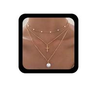 Ximdble Vintage Layered Cross Pendant Necklace Boho Pearl Choker Necklace Gold Station Pearl Necklace Belief Cross Chain Necklace Layering Chain Necklace Jewelry for Women