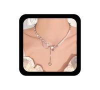 Ximdble Vintage Red Crystal Heart Drop Y Necklace Boho Pearl Choker Necklace Rhinestone Tennis Chain Necklace Silver Splice Chain Y Lariat Necklace for Women