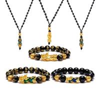 XIMEO Feng Shui Pi Xiu Bracelet Necklace Set for Women Men Pi Yao Lucky Nafu Wealth Bracelet Necklace Black Bead Bracelet with Hand Carved Amulet Beads Jewelry Set