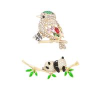 Ximimark 2 pcs Men's Fashion Bamboo Brooch with Rhinestone Panda Accent+Bird Accent