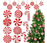 XIMISHOP 38 Pieces Wooden Candy Cane Ornaments，Red White Christmas Wooden Candy Peppermint Hanging Ornaments Pendants for Xmas Tree Hanging Decorations