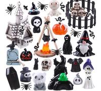 XIMISHOP 54PCS Halloween Mini Scene Resin Ornaments,Miniature Halloween Resin Village Figurines Small Little Pumpkin Skull Spider Embellishments Kit for Micro Garden Landscape Decor