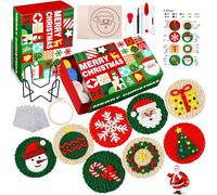 XIMISHOP 8PCS Christmas Punch Needle Coasters Kit，Easy Punch Needle Starter Kit for Beginners Punch Needle Embroidery Coasters with Patterns, Tools, Yarns, Hoop, Instructions & Coaster Holder