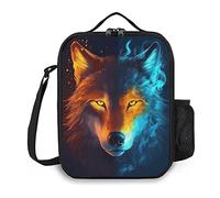 Ximjoju Kids Lunch Box, Insulated Lunch Bag for Girls & Boys, Flame Wolf Lunch Bag with Shoulder Strap, School Bento Lunchbox for Kids Toddlers Teens, Black Reusable Cooler Thermal Meal Tote Kit
