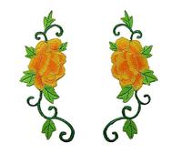 Ximkee 1 Pair Peony Rose Flower with Green leaves Embroidered Appliques Sew Iron on Patches-Gold