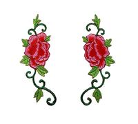 Ximkee 1 Pair Peony Rose Flower with Green leaves Embroidered Appliques Sew Iron on Patches-Red