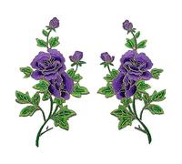 Ximkee 1 Pair Peony Rose Flowers Buds on Vines with Gold Trimming Embroidered Appliques Sew Iron on Patches (Purple)