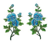 Ximkee 1 Pair Peony Rose Flowers Buds on Vines with Gold Trimming Embroidered Appliques Sew Iron on Patches (Blue)