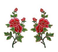 Ximkee 1 Pair Peony Rose Flowers Buds on Vines with Gold Trimming Embroidered Appliques Sew Iron on Patches (Red)