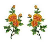Ximkee 1 Pair Peony Rose Flowers Buds on Vines with Gold Trimming Embroidered Appliques Sew Iron on Patches (Yellow)