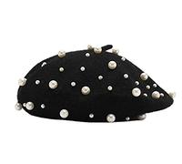 Ximkee Women's Black Pearl Wool Beret Hat - Medium, Windproof, Pearl Decoration - For Girls, Winter, Artistic Style