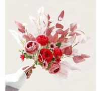 Ximoryn Artificial Flower Bouquet: 5 Faux Peonies with Eucalyptus Leaves (Light Red)