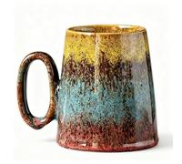Ximoryn Vintage Gradient Glaze Ceramic Mug, 400ml Large Capacity Handled Cup for Coffee/Tea, Artistic Home Drinkware (Yellow, Blue & Red Fade)