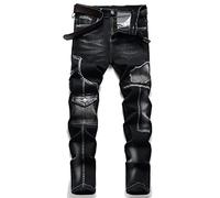 XIMXIMMTIAN Men's Biker Moto Washed Distressed Slim Fit Straight Jeans Denim, 2130 Black, 38