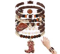xinanalya Cowgirl Beaded Bracelets, 7pcs Stackable Western Preppy Heishi Beaded Stretch Bracelets with Cowgirl Hat and Boots Charms Y2K Style Boho Summer Beach Jewelry for Women
