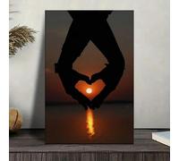 XINBAO 1pc Heart-Shaped Sunset Silhouette Canvas Wall Art - Romantic Couple Painting,Traditional Modern Home Decor Pictures(80x110cm/Inner frame)