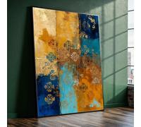 XINBAO Abstract Patchwork Canvas Wall Art, Blue Gold Decorative Patterns, Rustic Home Decoration, Boho Wall Hanging Painting(80x120cm/Inner Frame)
