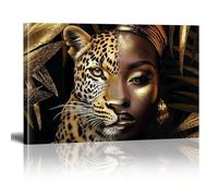 XINBAO African Wall Art Woman Portrait And Leopard Canvas Prints Painting Posters Black Gold Animals Murals For Bathroom Bedroom 70x100cm Frameless