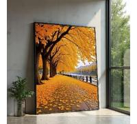 XINBAO Golden Autumn Pathway Canvas, Fall Leaves Wall Art, Tree Lined River Walkway, Seasonal Decor, Yellow Landscape Painting(40x60cm/Inner frame)
